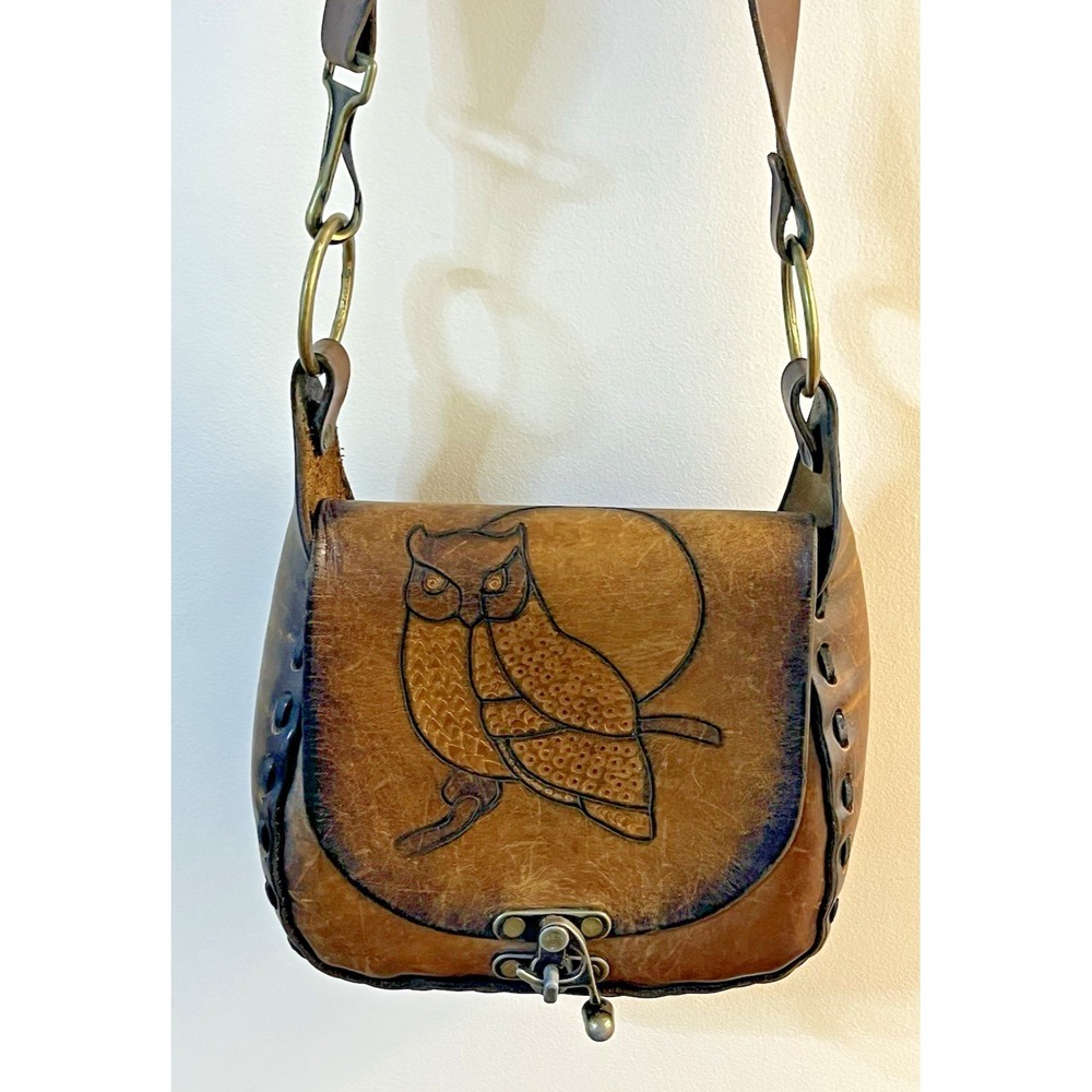 Vintage 70s Hand Tooled Owl Brown Leather Saddlebag Purse Hippie Boho